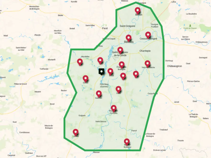 Carte indicatif de la zone de déplacement et récupération de votre véhicule pour un nettoyage auto réalisé à la main par un professionnel du centre de lavage auto de Goven près de Rennes : Bruz, Goven, Chartres de bretagne, Rennes, Guichen, Chavagne, Saint Jacques de la lande, Cesson Sévigné, Pont-Péan, Bréal sous montfort, Laillé, Bain de Bretagne, Lohéac, Betton, Vern sur seiche, Noyal Châtillon, Saint Erblon, bourg des comptes