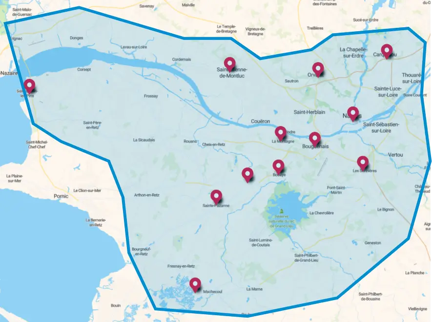 Carte indicatif de la zone de déplacement et récupération de votre véhicule pour un nettoyage auto réalisé à la main par un professionnel du centre de lavage auto de Rezé près de Nantes : Rezé, Bouguenais, Bouaye, Sainte-Pazanne, Machecoul, Port-Saint-Père, La Montagne, Les Sorinières